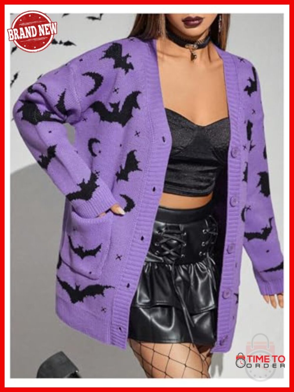 Gothic Graphic V-Neck Button Cardigan Sweater, Long Sleeve Knit Outerwear - Picture 3 of 4